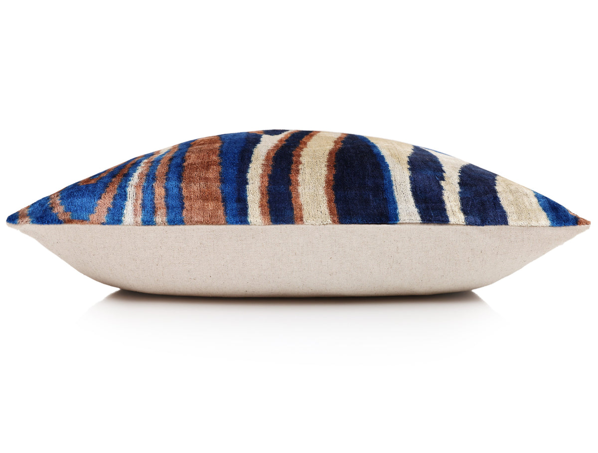 Handmade Velvet Ikat Lumbar Pillow 16x24 | Blue Swirl Stripe