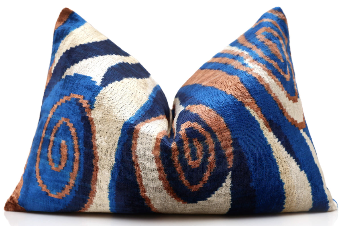 Handmade Velvet Ikat Lumbar Pillow 16x24 | Blue Swirl Stripe