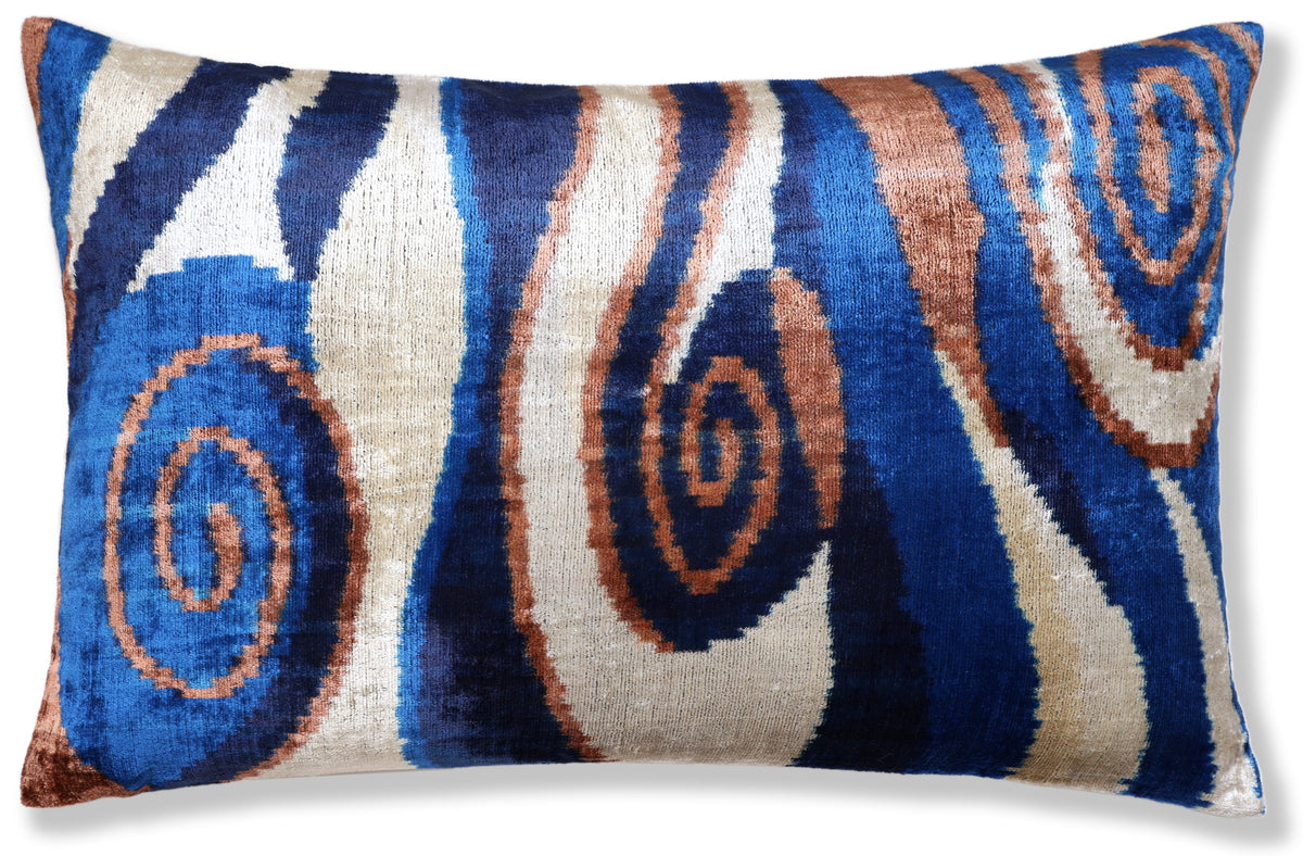 Handmade Velvet Ikat Lumbar Pillow 16x24 | Blue Swirl Stripe