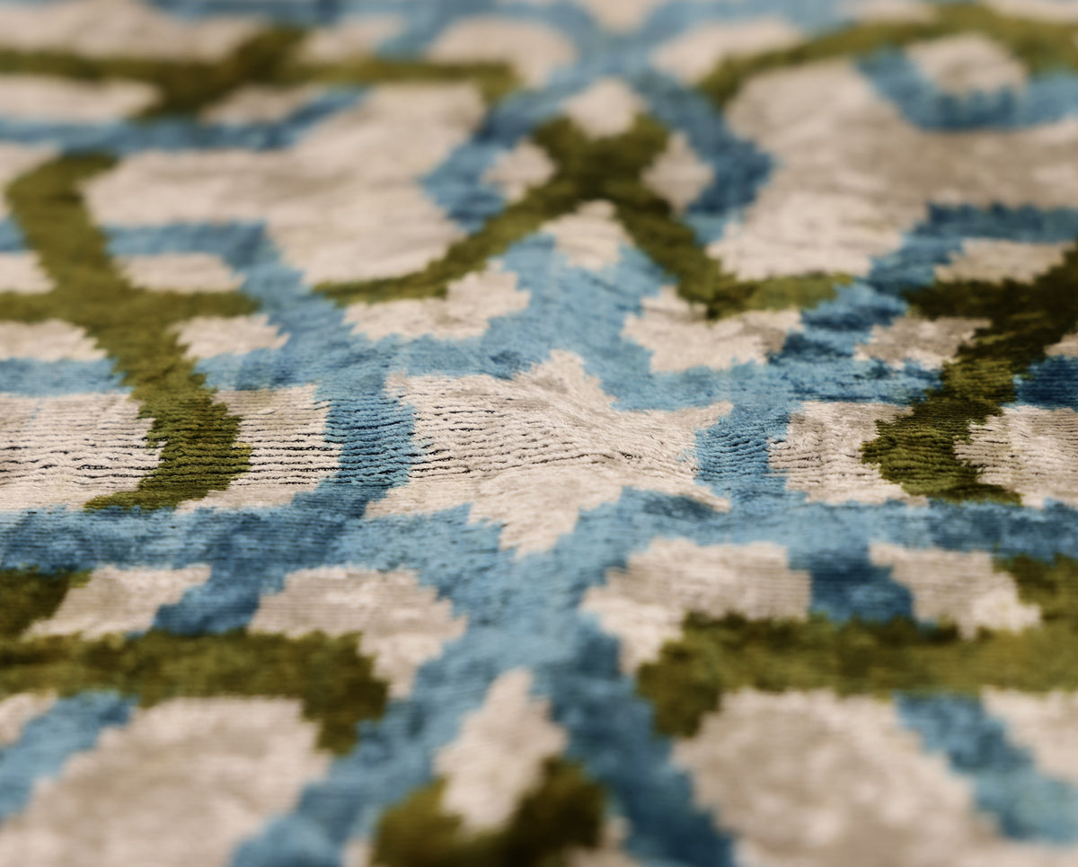 Hand-Knotted Silk Velvet Ikat Pillow - 16x16 Azure & Olive Star Lattice