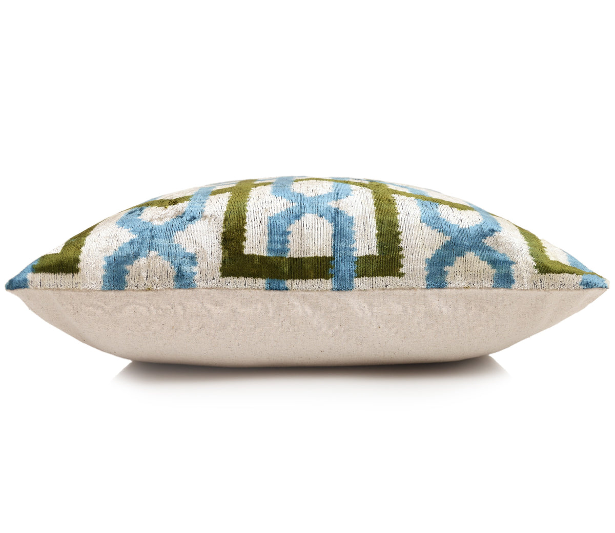 Handmade Velvet Ikat Lumbar Pillow 16x24 | Sky Blue & Olive Trellis
