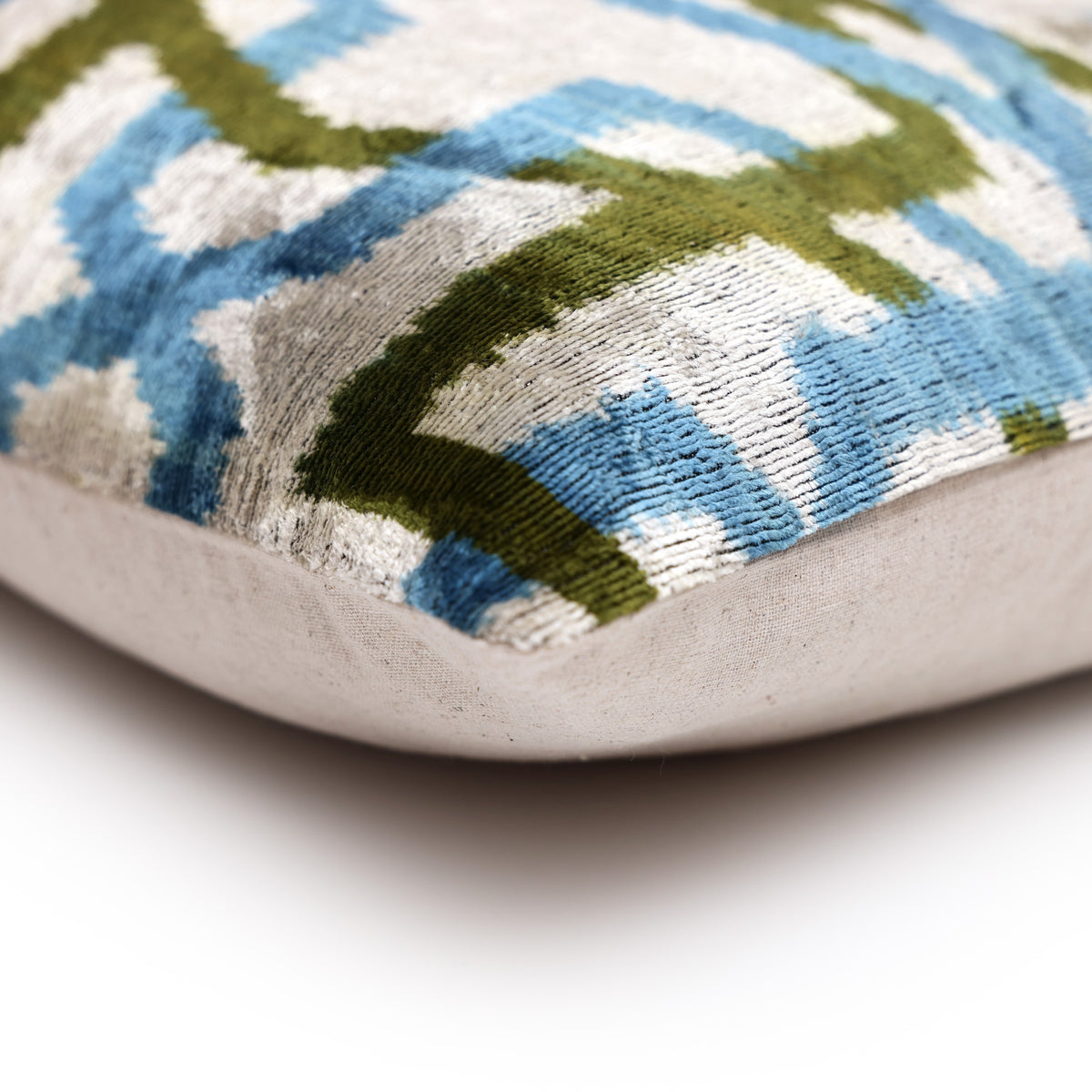 Hand-Knotted Silk Velvet Ikat Pillow - 16x16 Azure & Olive Star Lattice