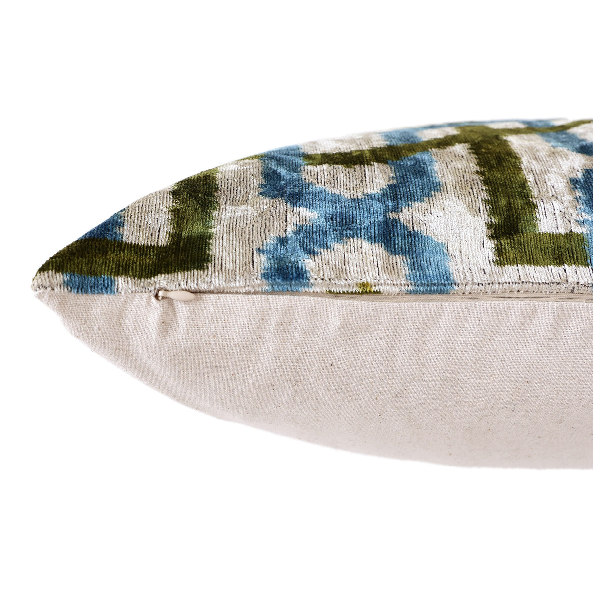 Handmade Velvet Ikat Lumbar Pillow 16x24 | Sky Blue & Olive Trellis