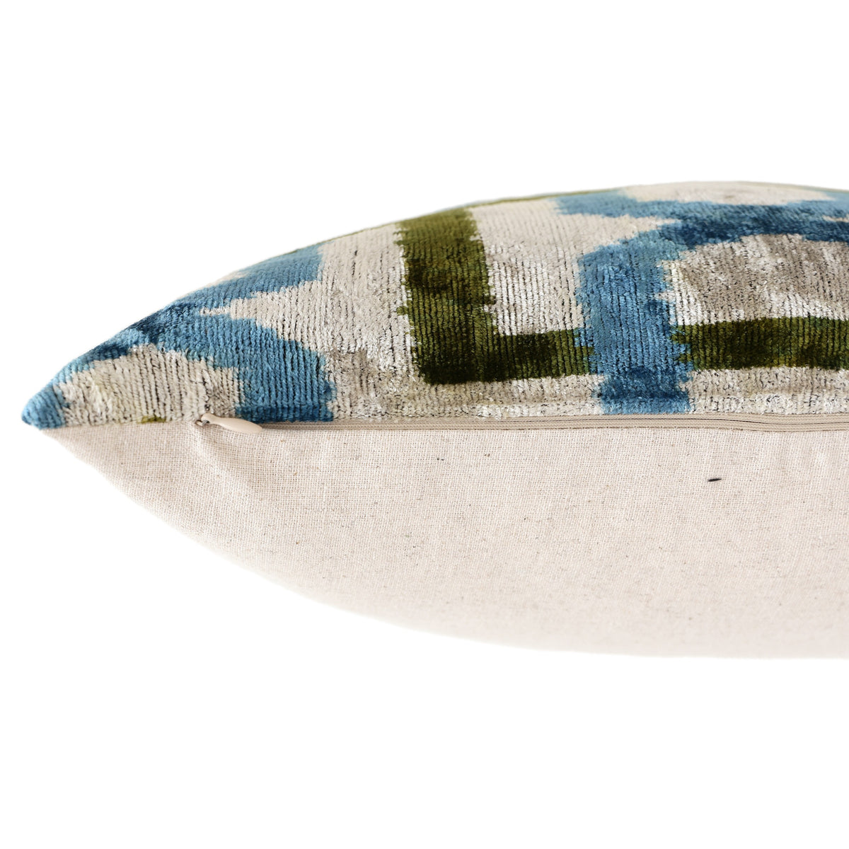 Hand-Knotted Silk Velvet Ikat Pillow - 16x16 Azure & Olive Star Lattice