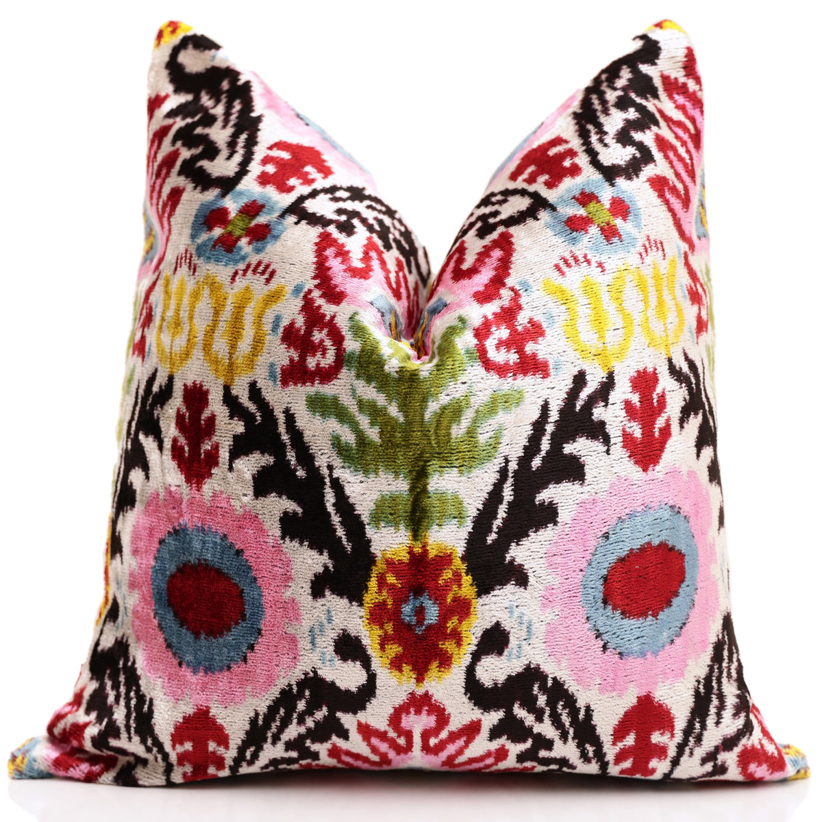 Hand-Knotted Silk Velvet Ikat Pillow - 16x16 Midnight & Copper Star