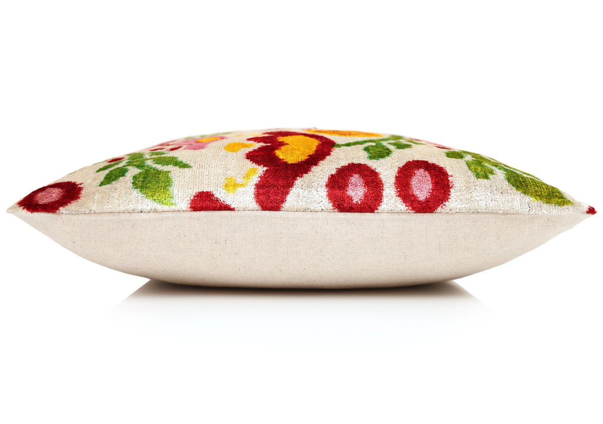 Hand-Knotted Silk Velvet Ikat Pillow - 16x16 Terracotta & Sage Medallion