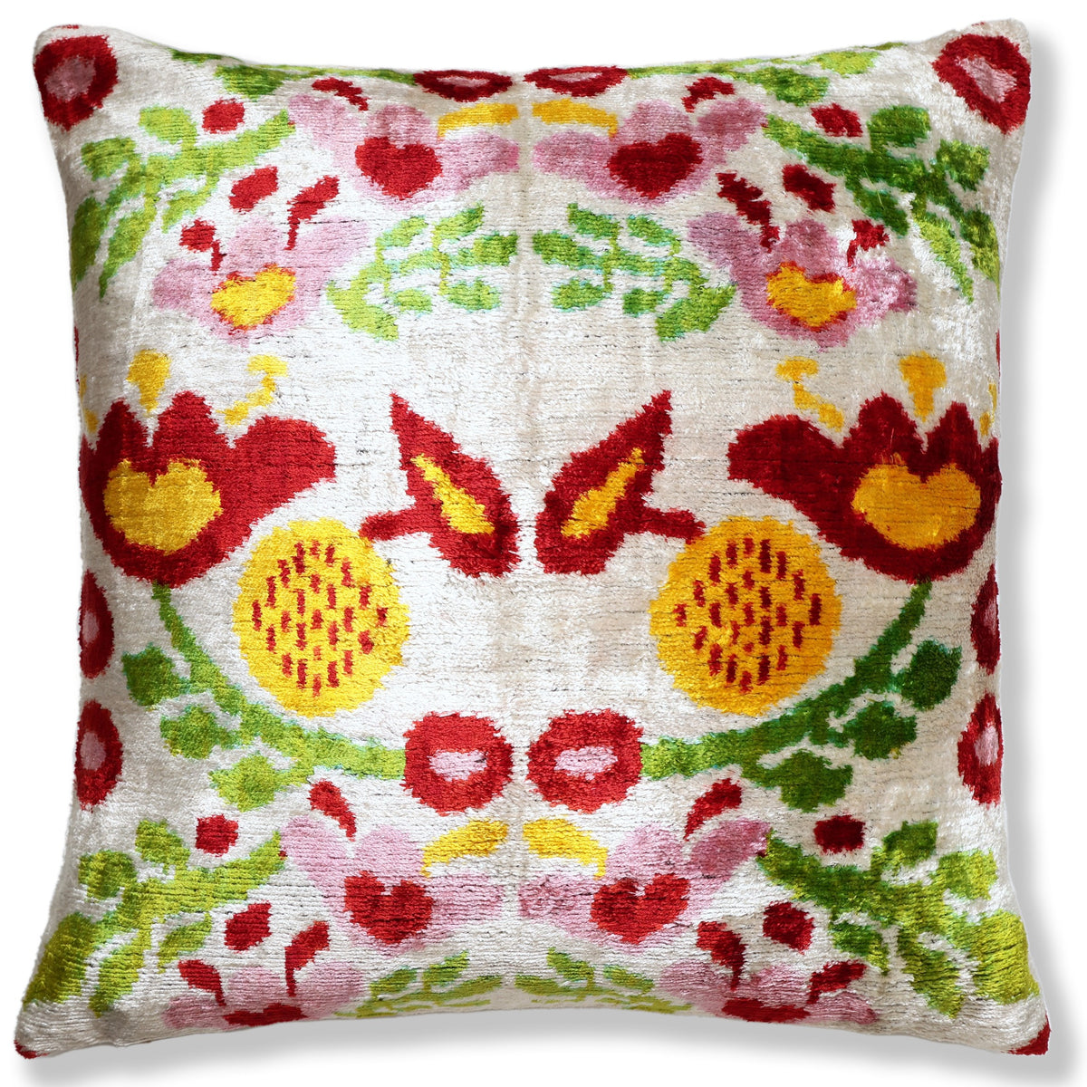 Hand-Knotted Silk Velvet Ikat Pillow - 16x16 Terracotta & Sage Medallion