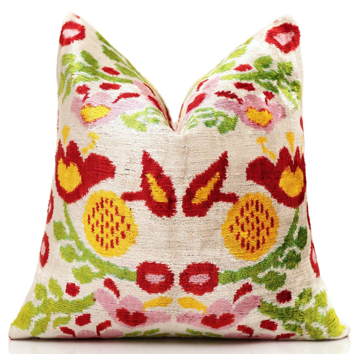 Hand-Knotted Silk Velvet Ikat Pillow - 16x16 Terracotta & Sage Medallion