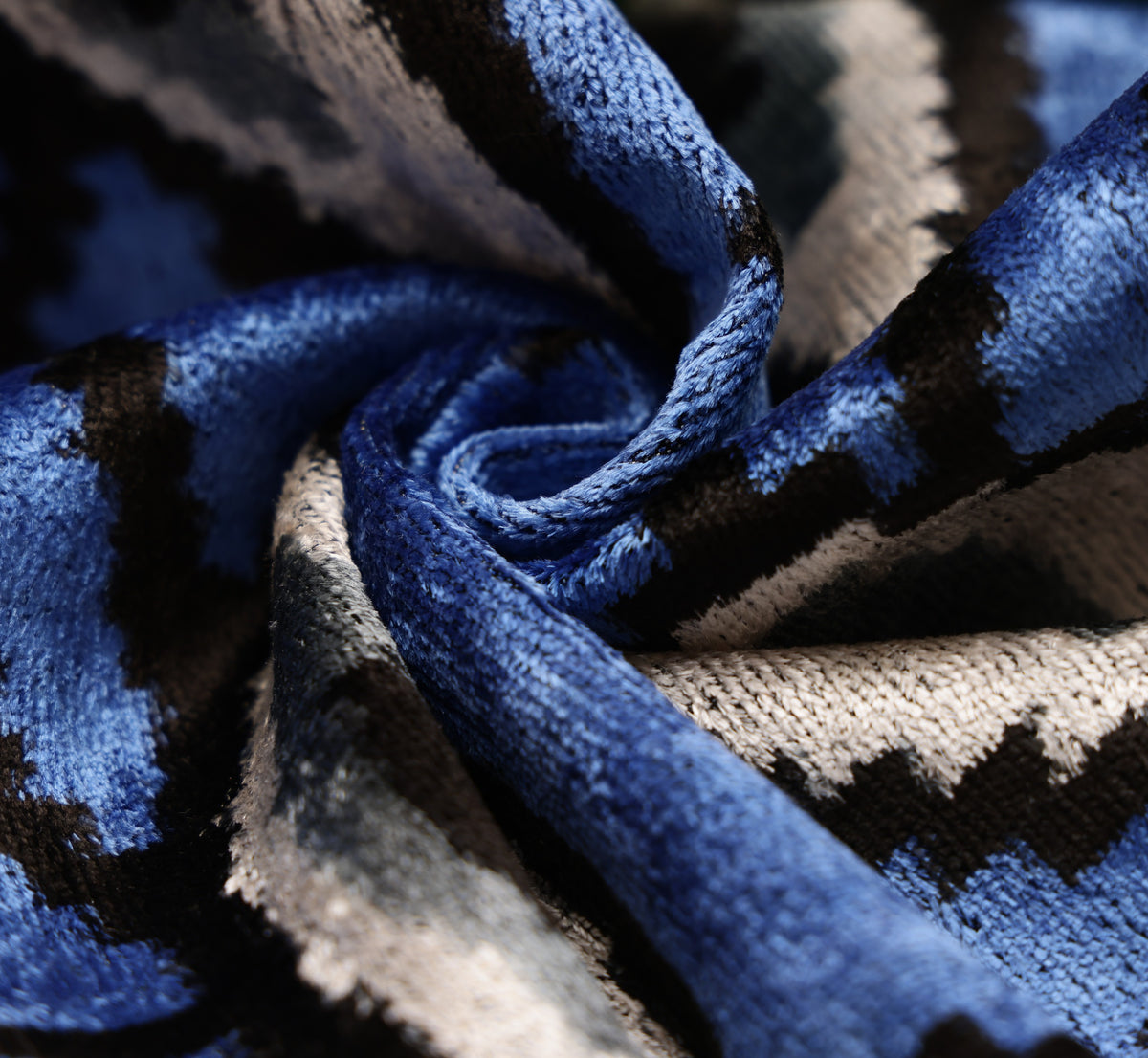 Handmade Blue Ikat Velvet Lumbar Pillow 16x24 | Sapphire & Black Abstract