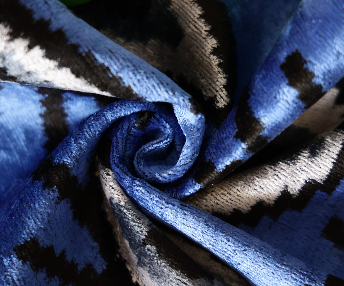 Handmade Blue Ikat Velvet Lumbar Pillow 16x24 | Sapphire & Black Abstract