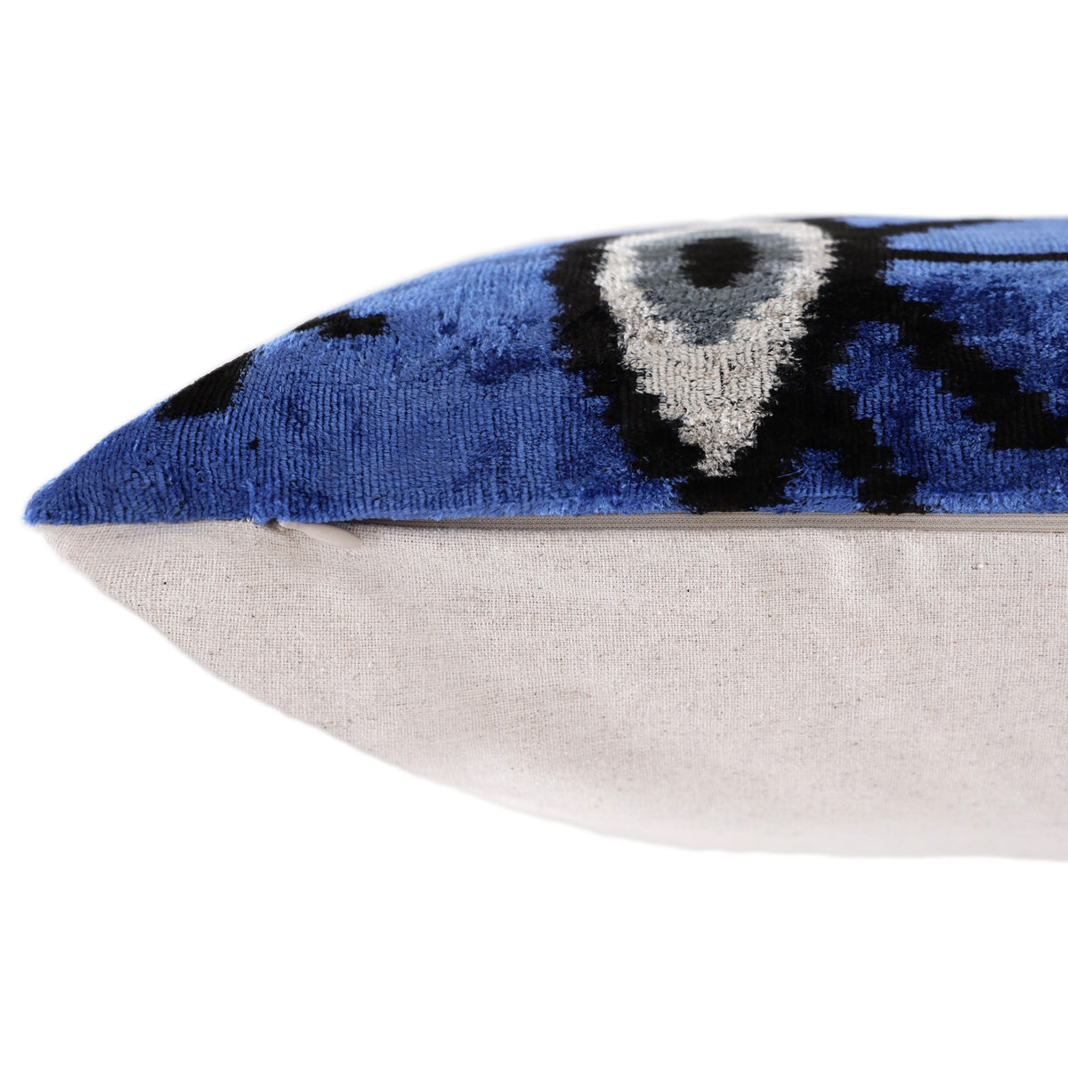 Handmade Blue Ikat Velvet Lumbar Pillow 16x24 | Sapphire & Black Abstract