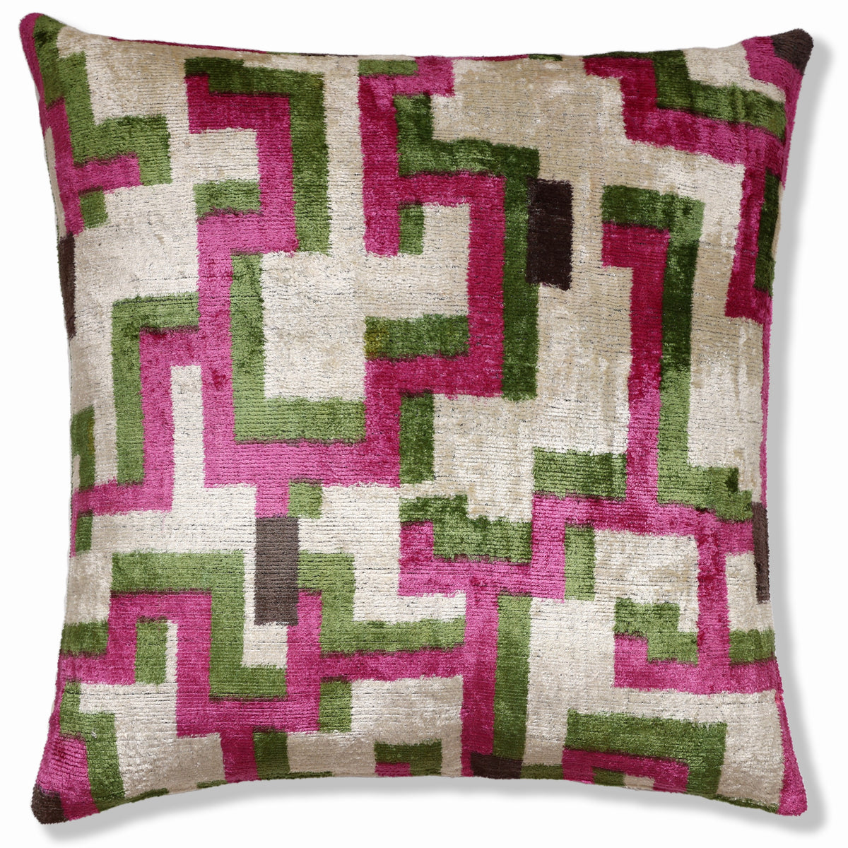Modern Geometric Silk Velvet Pillow 20x20 | Handmade Pink & Green Designer Cushion