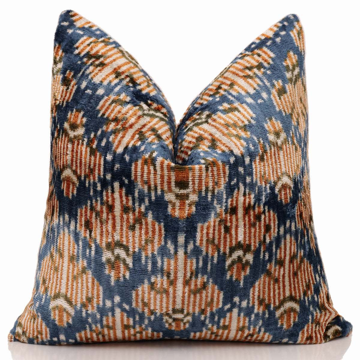 Blue Ikat Silk Velvet Pillow 20x20 | Handmade Designer Accent Cushion