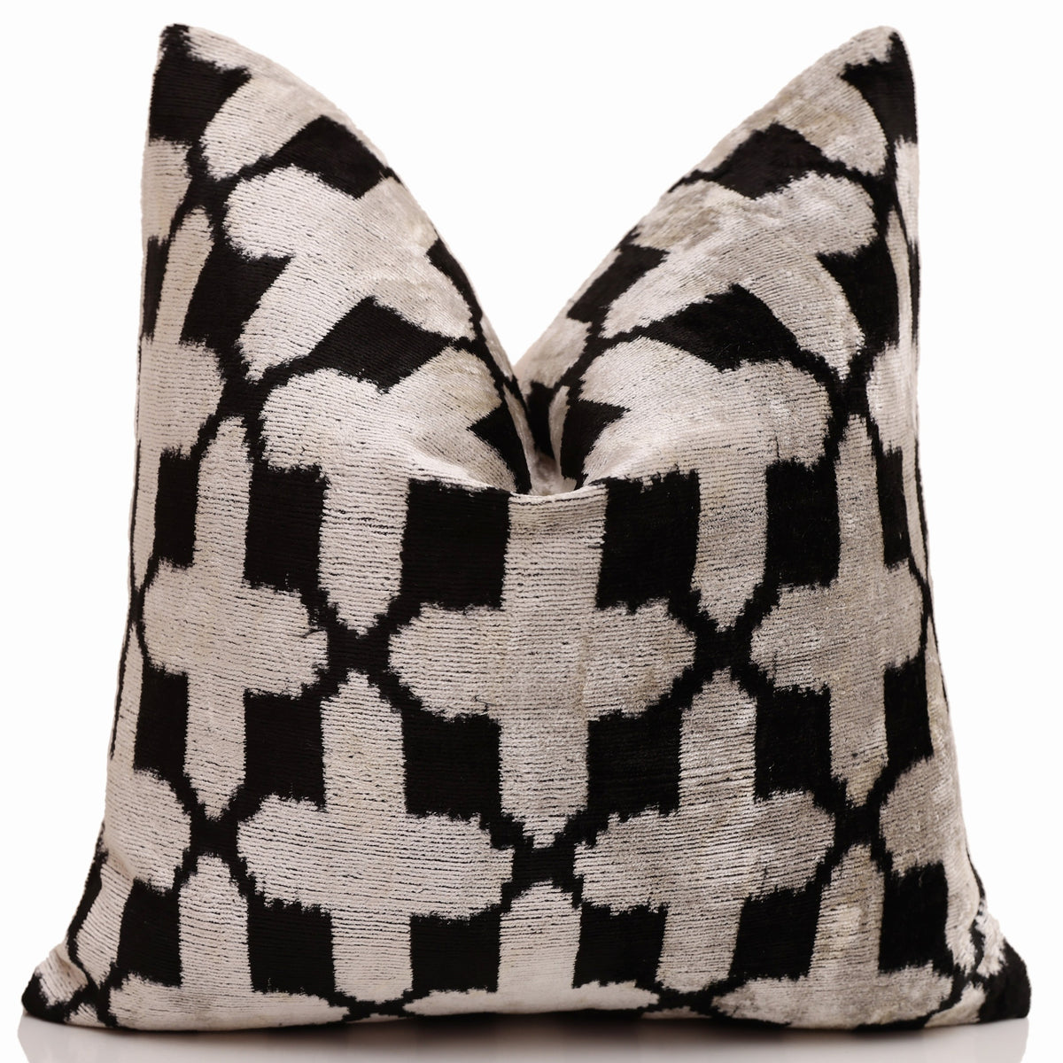 Black & Ivory Trellis Ikat Velvet Throw Pillow 16x16 | Modern Geometric Luxury