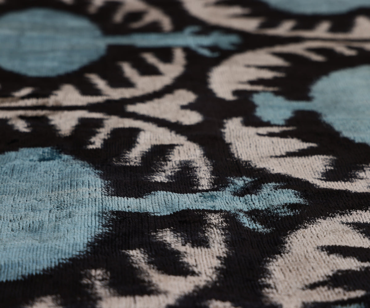 Handmade Aqua Blue Ikat Velvet Lumbar Pillow 16x24 | Soft Turquoise & Black Abstract