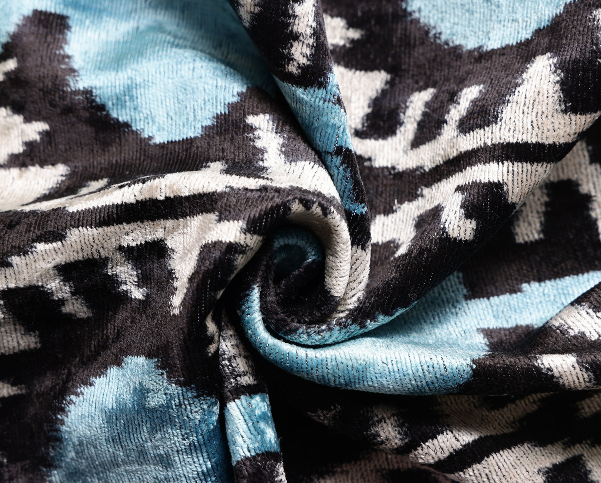 Handmade Aqua Blue Ikat Velvet Lumbar Pillow 16x24 | Soft Turquoise & Black Abstract