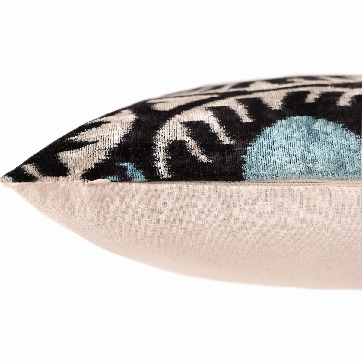 Handmade Aqua Blue Ikat Velvet Lumbar Pillow 16x24 | Soft Turquoise & Black Abstract