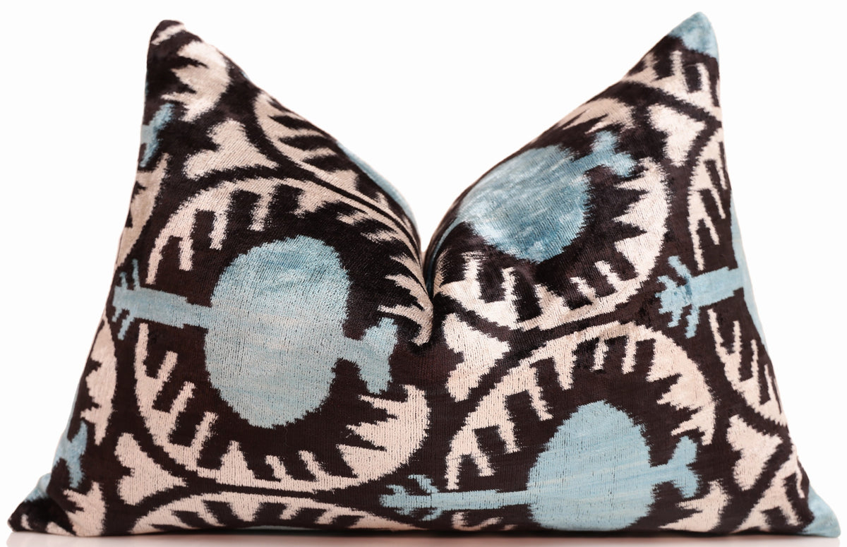 Handmade Aqua Blue Ikat Velvet Lumbar Pillow 16x24 | Soft Turquoise & Black Abstract