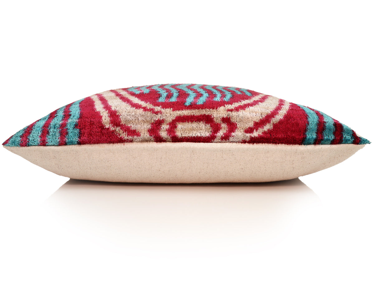 Handmade Red & Turquoise Ikat Velvet Lumbar Pillow 16x24 | Bold Artisan Statement