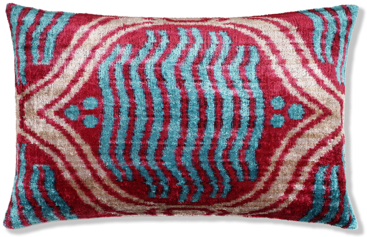 Handmade Red & Turquoise Ikat Velvet Lumbar Pillow 16x24 | Bold Artisan Statement