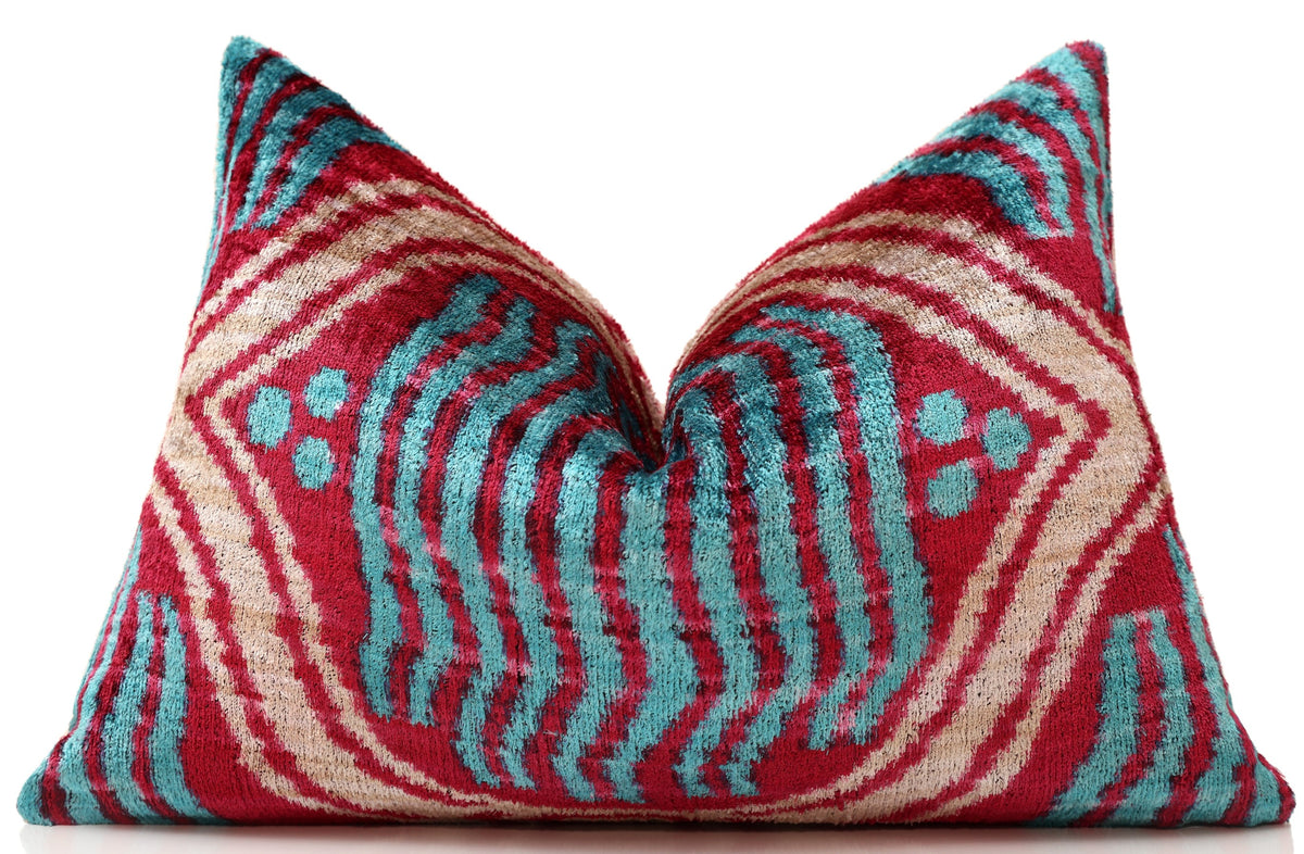 Handmade Red & Turquoise Ikat Velvet Lumbar Pillow 16x24 | Bold Artisan Statement