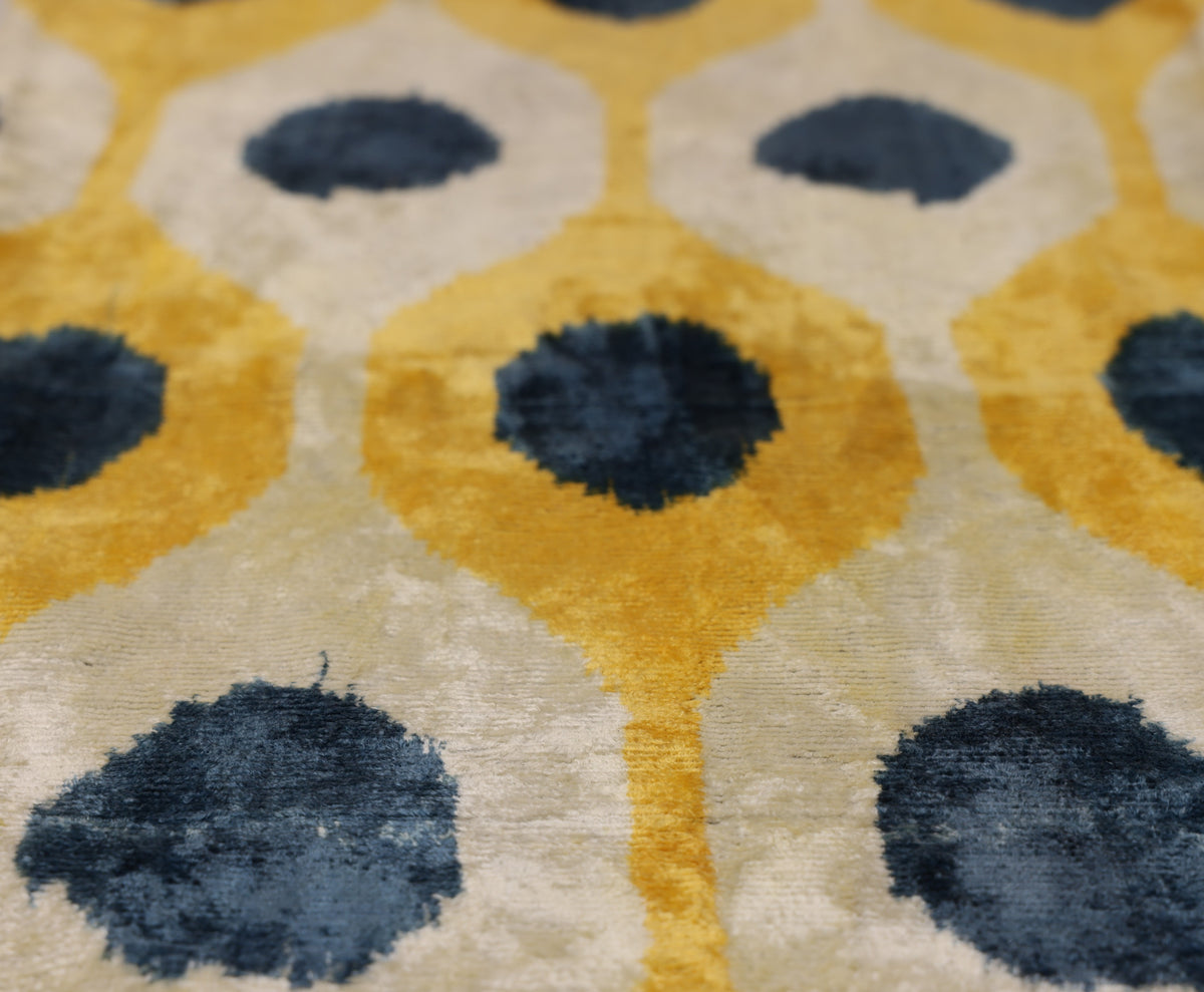 Handmade Yellow & Navy Ikat Velvet Lumbar Pillow 16x24 | Modern Artisan Accent