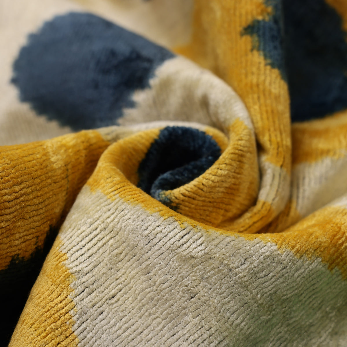 Handmade Yellow & Navy Ikat Velvet Lumbar Pillow 16x24 | Modern Artisan Accent
