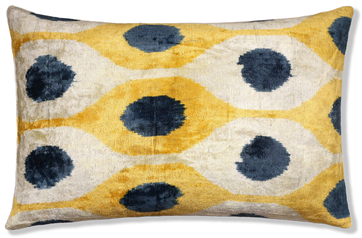 Handmade Yellow & Navy Ikat Velvet Lumbar Pillow 16x24 | Modern Artisan Accent