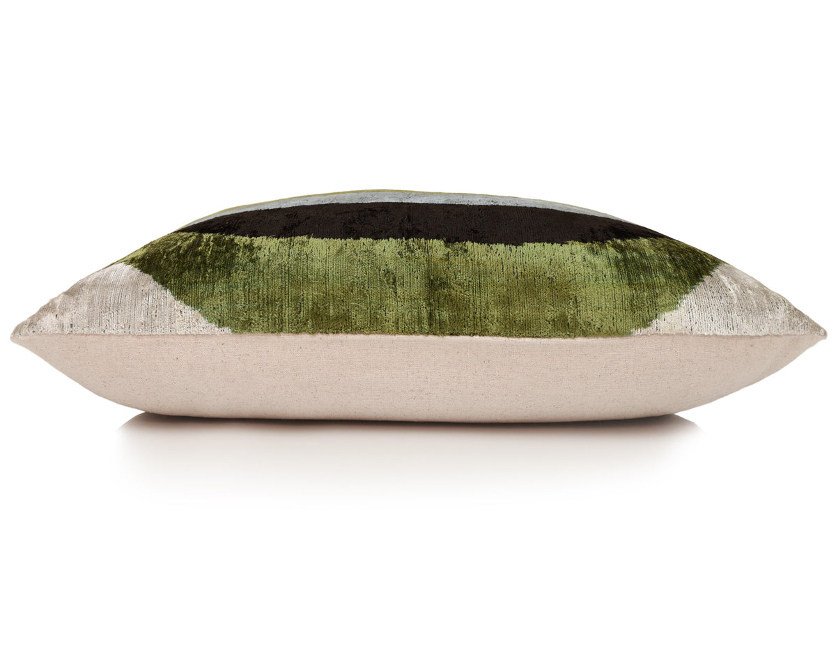 Handmade Olive Green & Charcoal Ikat Velvet Lumbar Pillow 16x24 | Modern Organic Accent