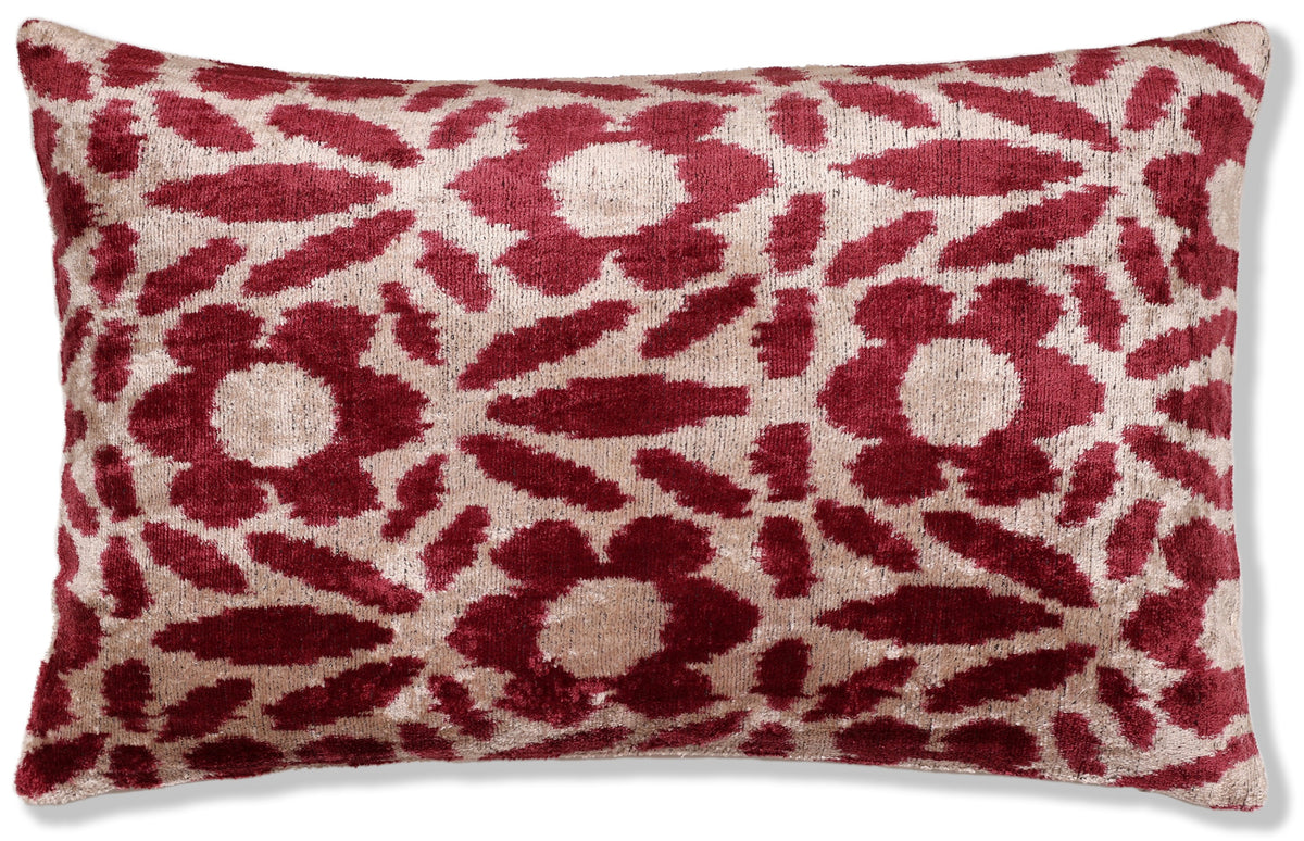 Ruby Red & Ivory Ikat Velvet Lumbar Pillow 16x24 | Classic Statement Luxury