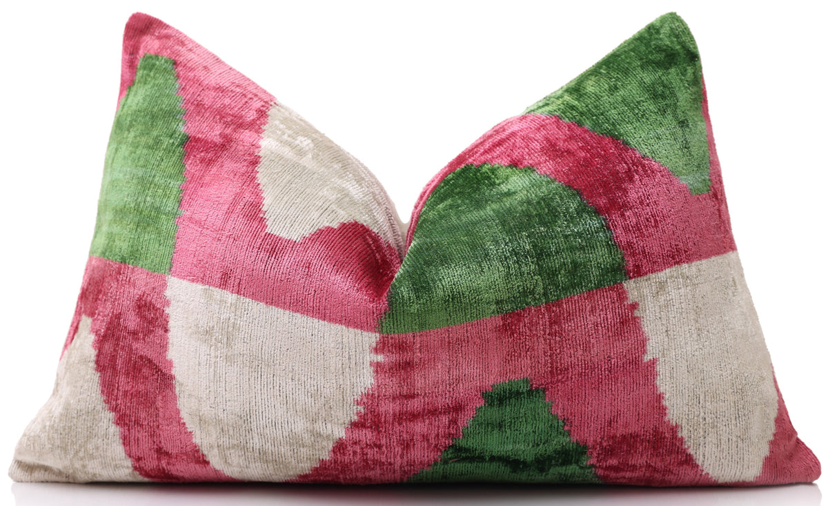 Hand-Knotted Silk Velvet Ikat Lumbar Pillow - 16x24 Pink & Grass Green