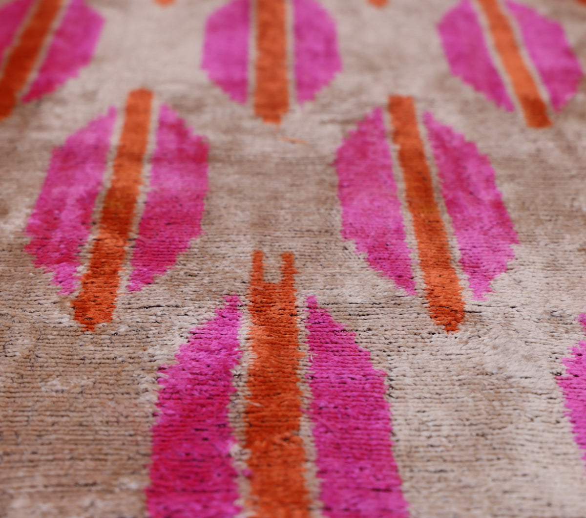 Hand-Knotted Silk Velvet Ikat Lumbar Pillow - 16x24 Fuchsia & Saffron