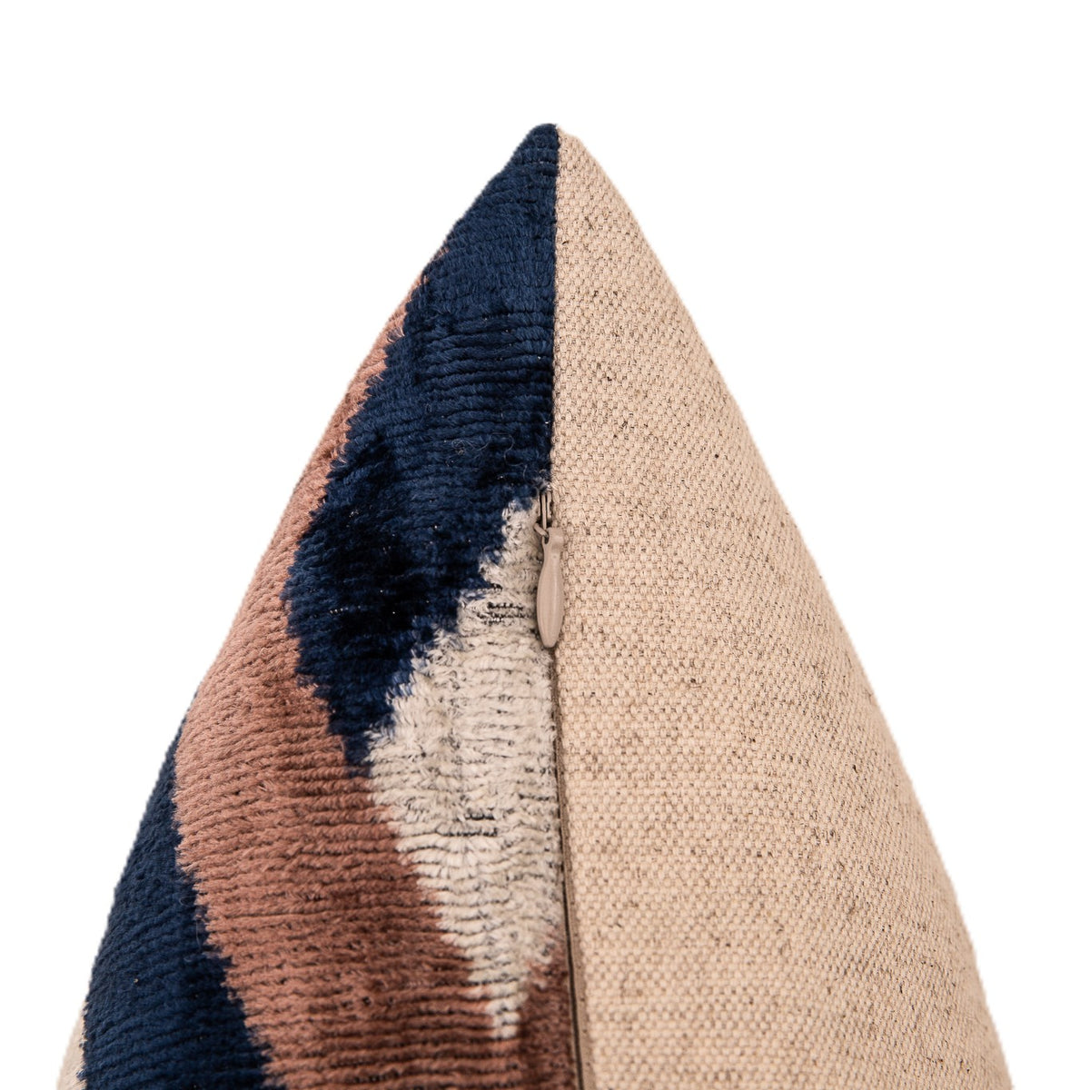Handmade Geometric Silk Velvet Throw Pillow - 16x24, Navy and Taupe Chevron Pattern with Down Feather Insert