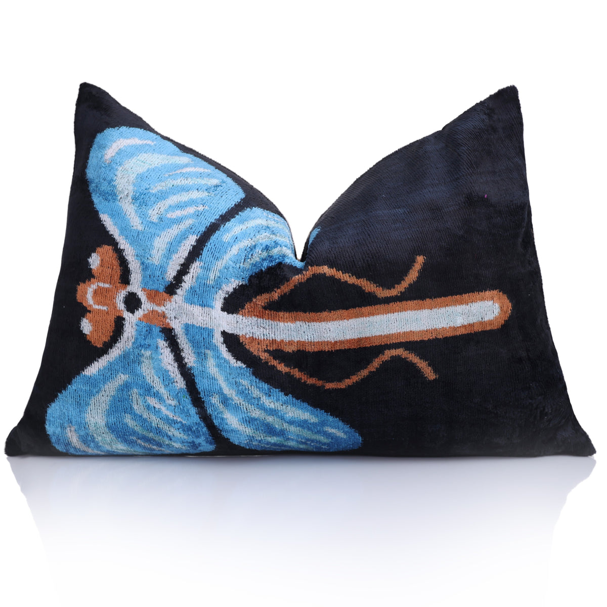 Black & Blue Dragonfly Silk Velvet Lumbar Pillow – 16x24