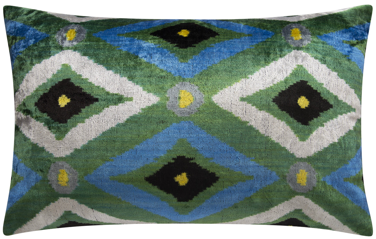 Handmade Geometric Silk Velvet Throw Pillow - 16x24 with Premium Down Feather Insert, Green Blue Modern Design for Sofa, Couch, Bed Decor