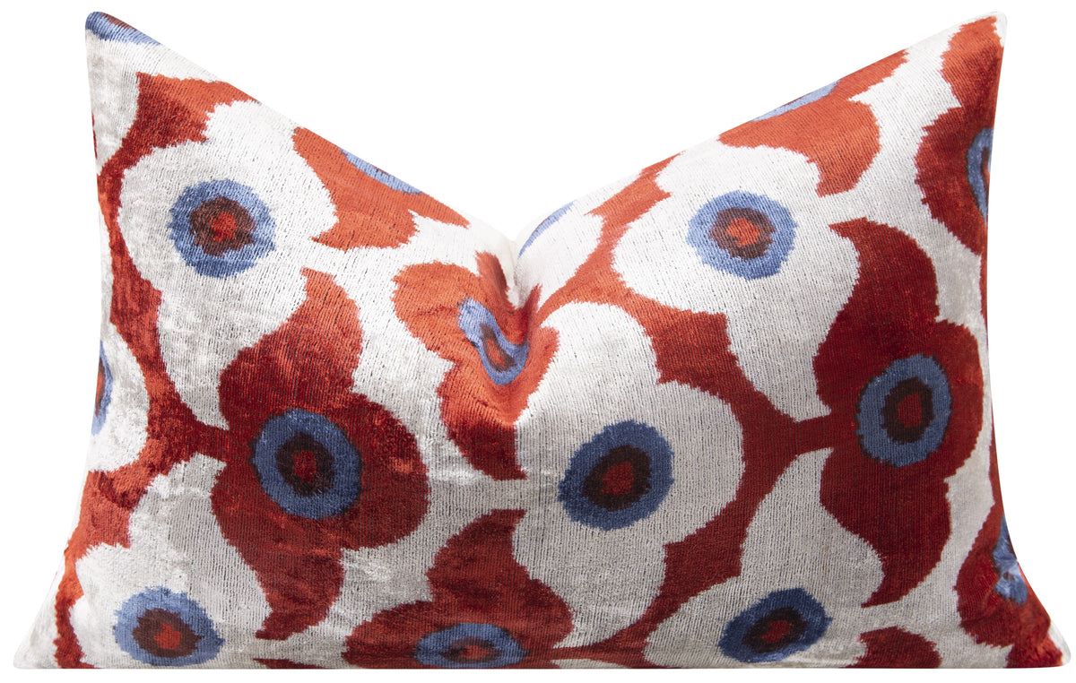 Luxury Handmade Silk Velvet Throw Pillow - Red Rust, Blue, and White Design, 16x24, Super Soft