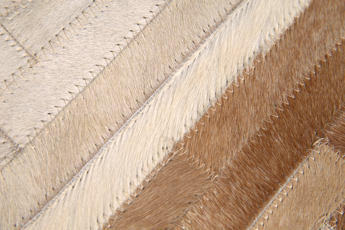 Genuine Cowhide Leather Decorative Throw Pillow - Beige and Ivory Striped Patchwork, 20x20