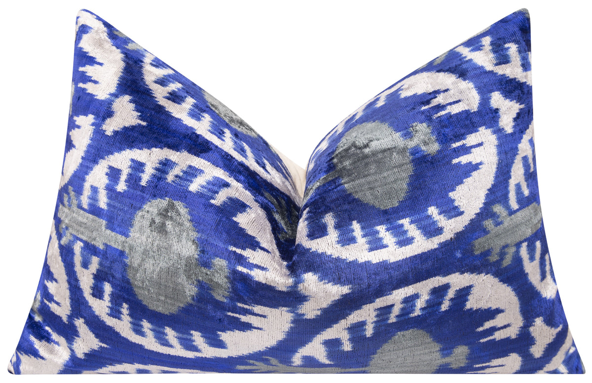 Canvello Handmade Velvet Ikat Pillow – 16x24 Luxury Decorative Throw Cushion for Home Decor – Feather Down Insert, Vegetable-Dyed, Elegant Blue and White Accent for Sofa, Couch & Furniture