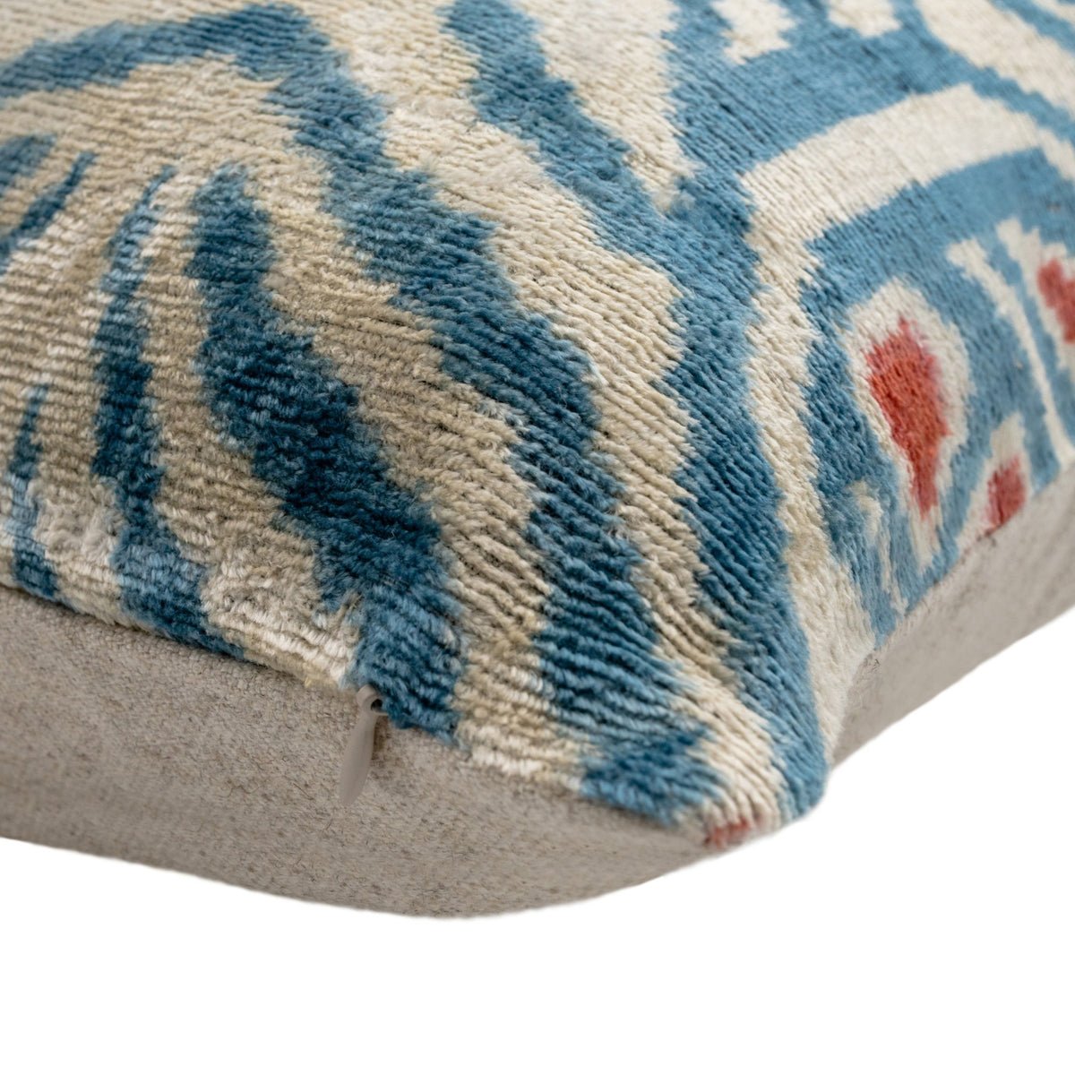Blue Ikat Silk Velvet Throw Pillow 20x20 | Handmade Designer Accent Pillow