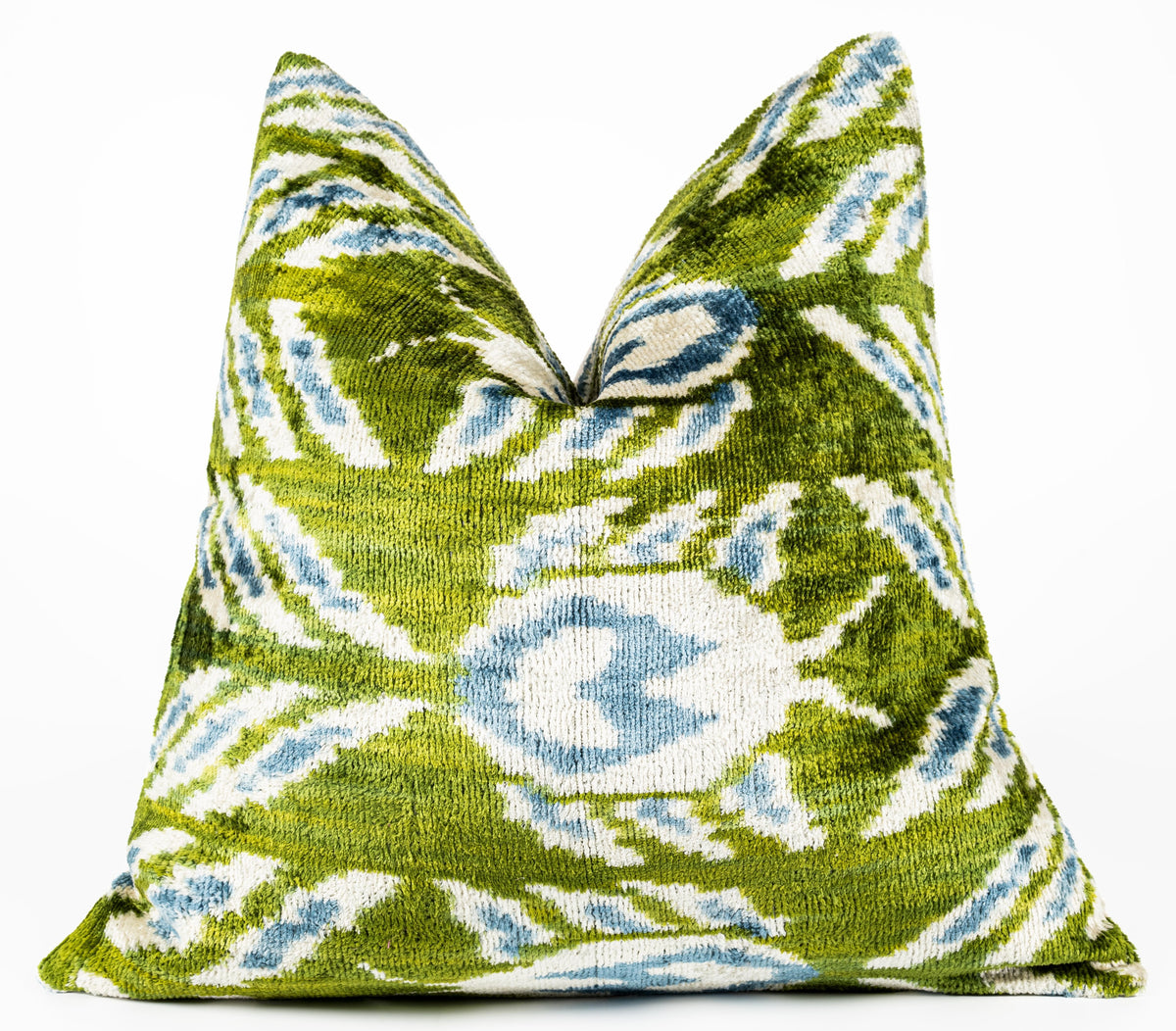 Handmade 16x16 Velvet Throw Pillow – Green, Blue, and White Ikat Pattern with Down Insert for Boho-Chic Deco