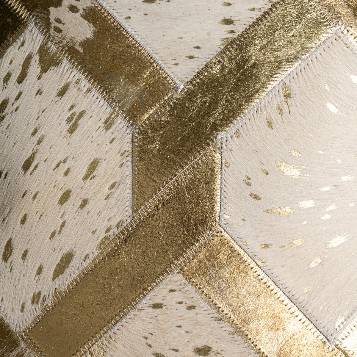 Luxury White & Gold Cowhide Leather Throw Pillow 16x24 | Handmade Geometric Designer Lumbar Cushion