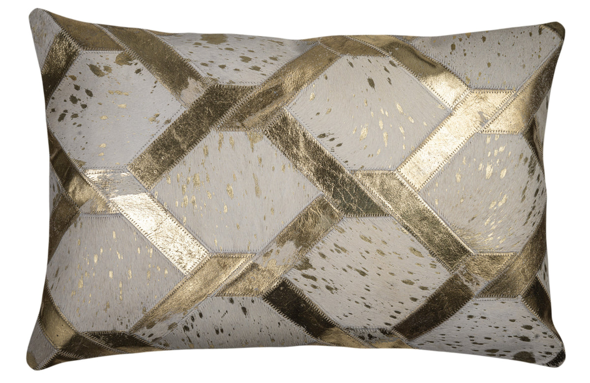 Luxury White & Gold Cowhide Leather Throw Pillow 16x24 | Handmade Geometric Designer Lumbar Cushion