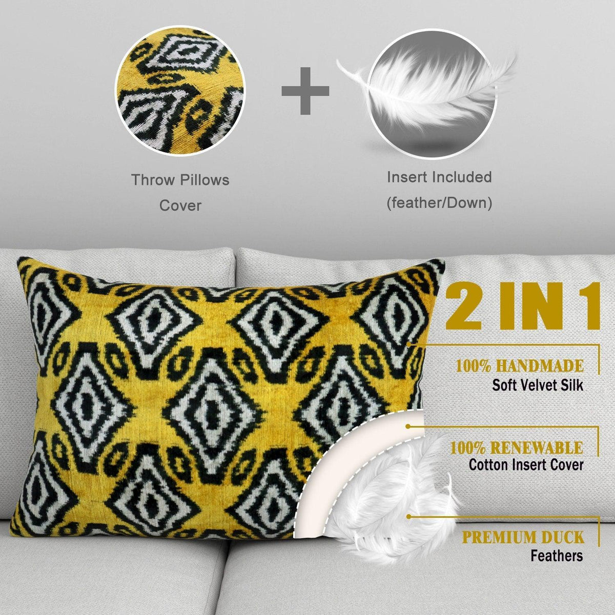 Canvello Black And Yellow Throw Pillows For Couch with Down Insert - 16x24 in - Canvello