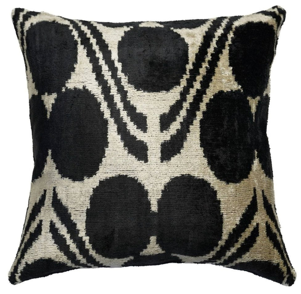Handmade Black & Ivory Velvet Pillow – 24x24" Silk Ikat Cushion