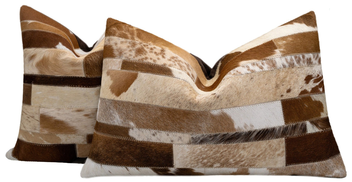 Canvello Genuine Cowhide Leather Decorative Throw Pillows - Handmade Patchwork Boho Accent Pillows For Sofa, Couch, Bed, Chair - Western Southwestern Farmhouse Pillow Covers With Feather Down Insert Included