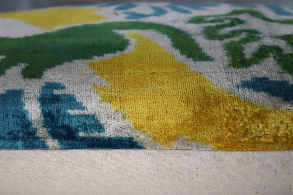 Canvello Green Yellow Blue Handmade 16x24 Silk Velvet Pillow, Organic Veg Dyed, Down/Feather Filled - Canvello