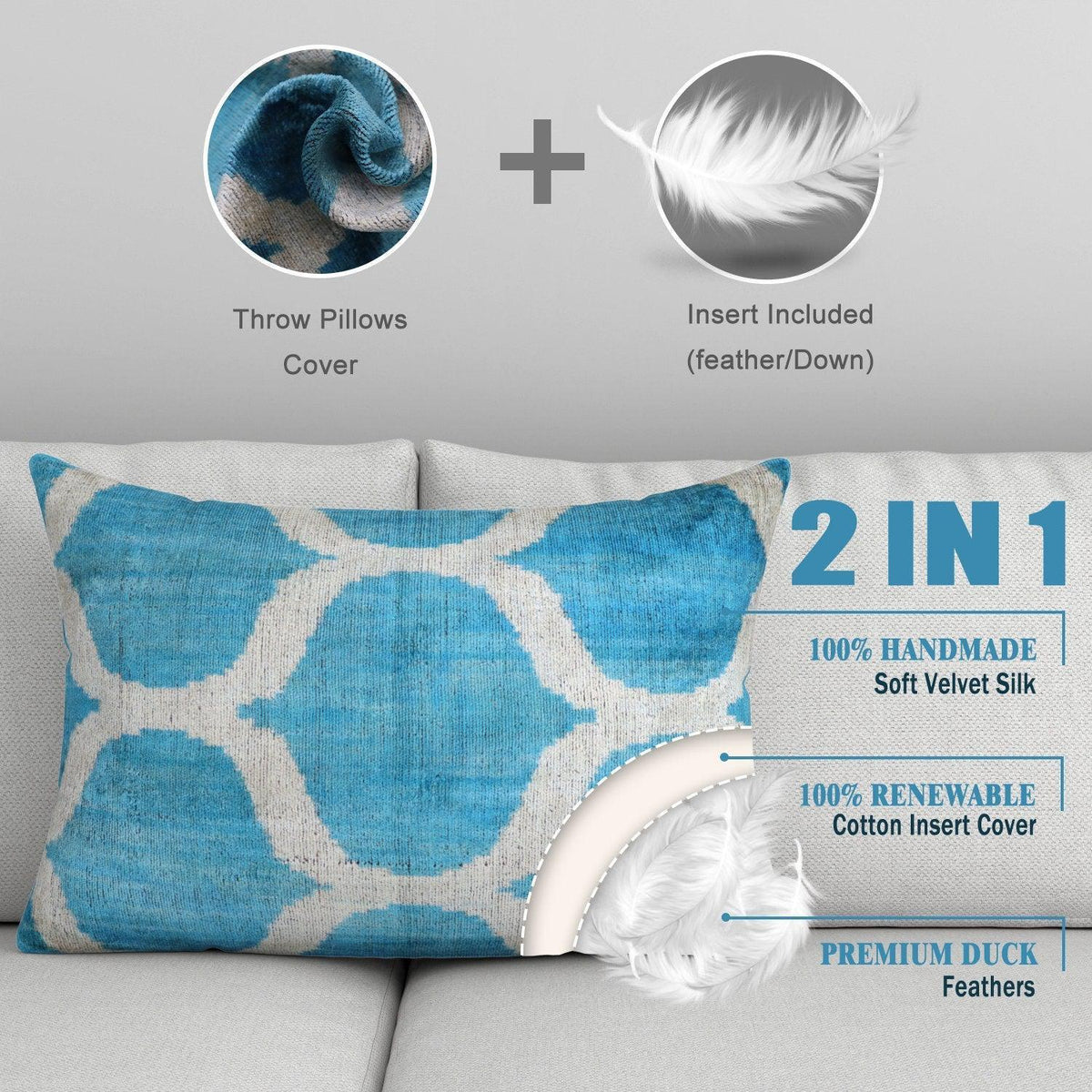 Canvello Handmade Blue Velvet Lumbar Pillow For Sofa - 16x24 in - Canvello