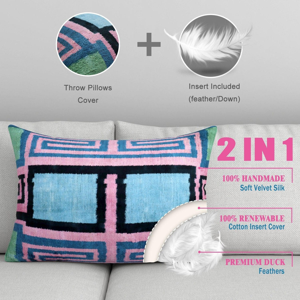Canvello Handmade Geometric Velvet Throw Pillow with Vibrant Pink Blue Green - Perfect for Modern Interiors - 16x24 in - Canvello