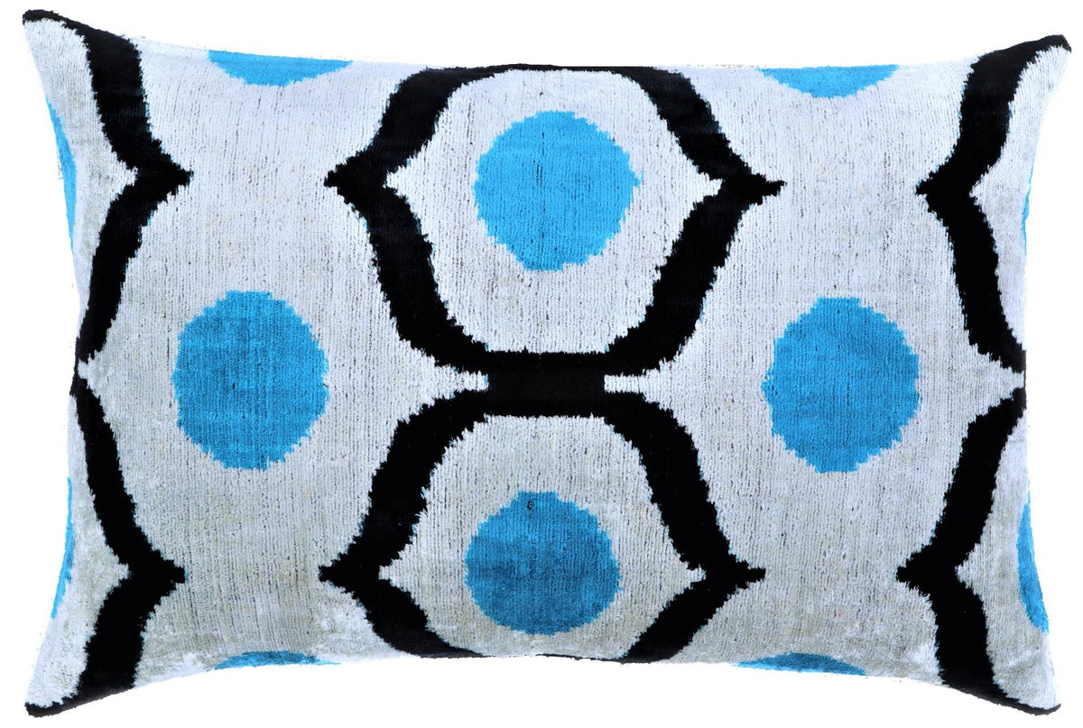 Blue & Turquoise Ikat Silk Velvet Lumbar Pillow – 16x24
