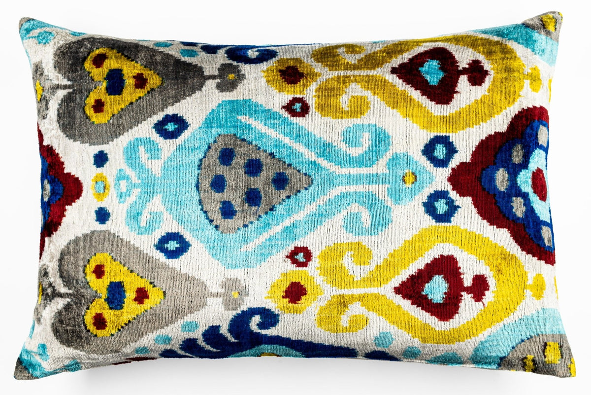 Canvello Organic Handmade Silk Velvet Pillow: 16x24 Inches with Premium Down Feather Insert - Luxury Blue Gold Gray Geometric Floral Pattern - Canvello